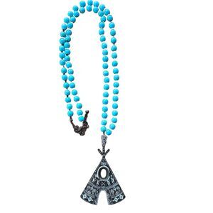 Vintage Jewelry Turquoise Dyed Howlite Necklace With Teepee pendant